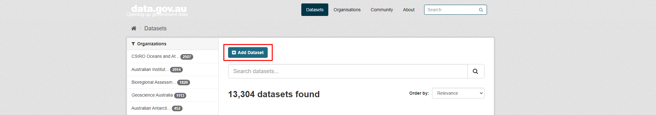 Data.gov.au datasets page is now shown with the add dataset button highlighted in the centre of the page