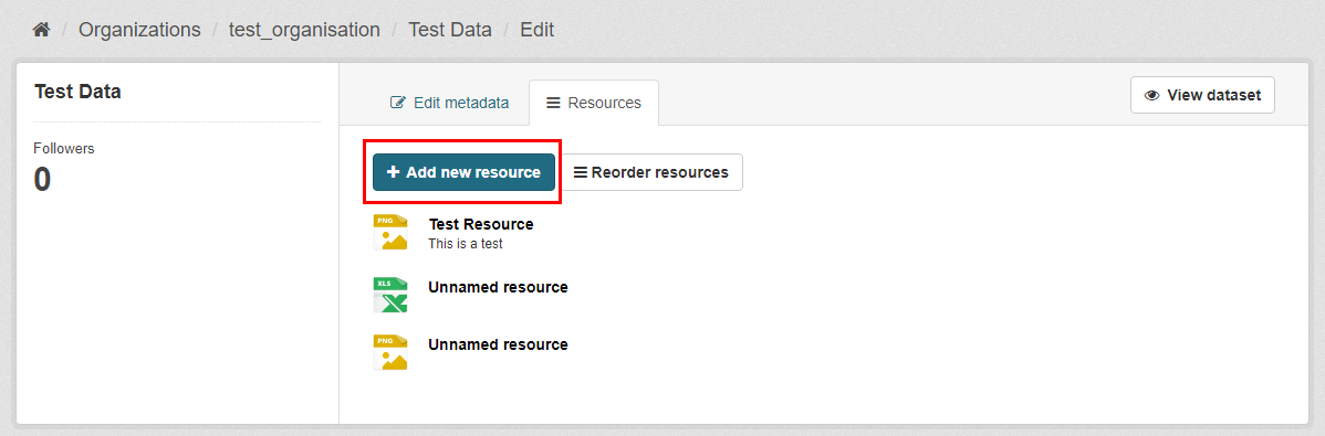 a large blue button titled 'add new resource' is shown in the centre of the page
