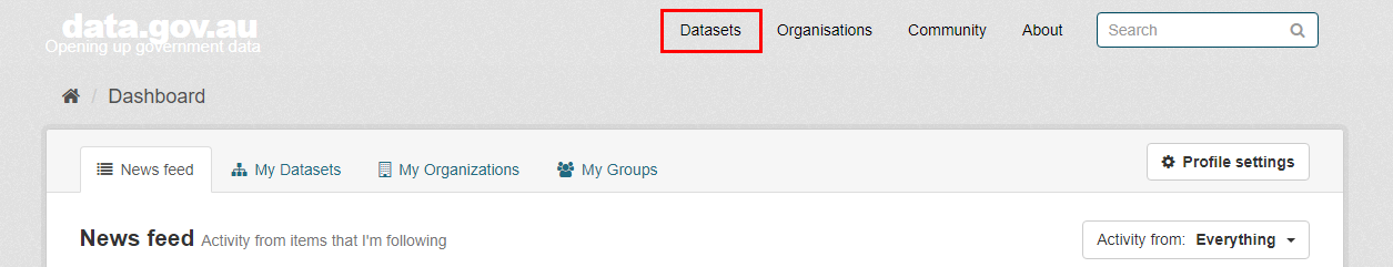 data.gov.au data dashboard page shown with datasets button highlighted on the top menu