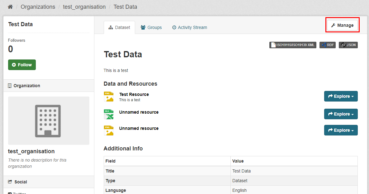 on the dataset page the data custodian is directed to click the 'manage' button located on the top right of the page