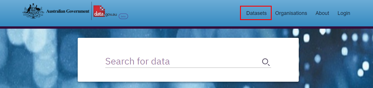 Data.gov.au homepage shown with Datasets button outlined