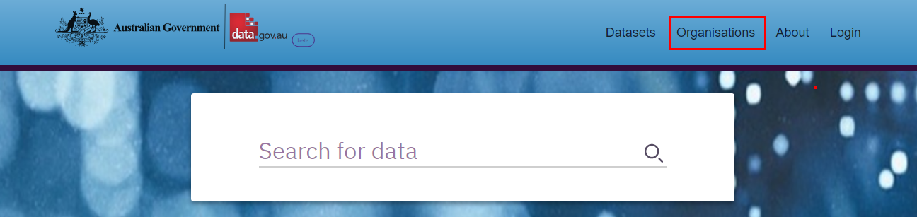 Data.gov.au homepage shown with Oranisations button outlined