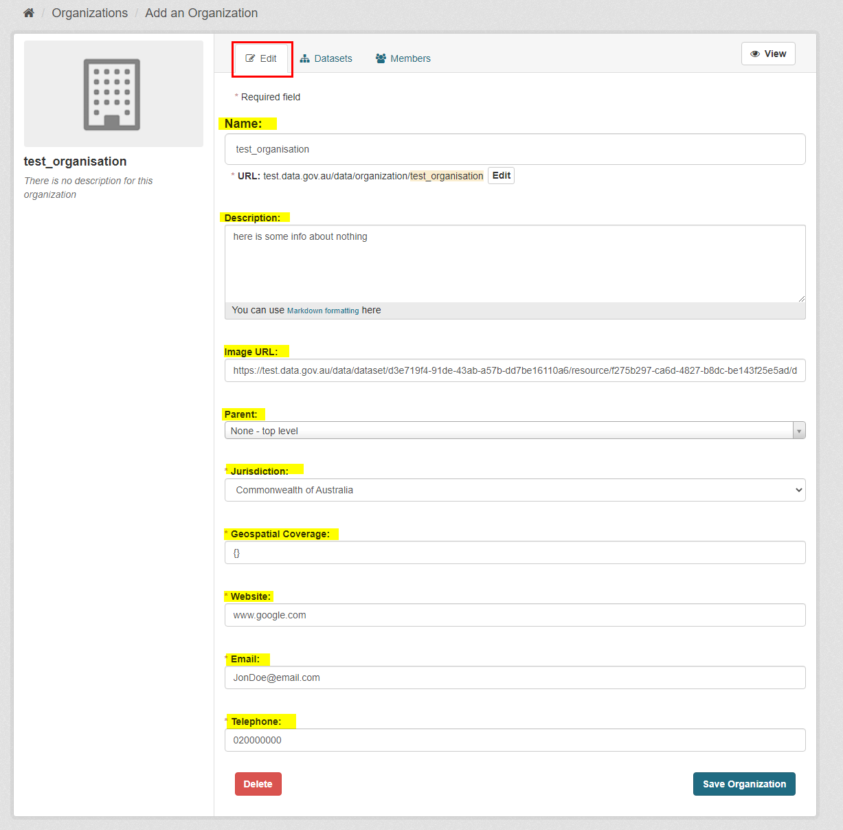 the data custodian is redirected to the edit tab for their organisation which showcases a list of editable fields